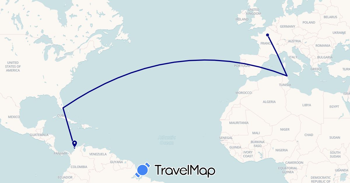 TravelMap itinerary: driving in Colombia, France, Tunisia, United States (Africa, Europe, North America, South America)